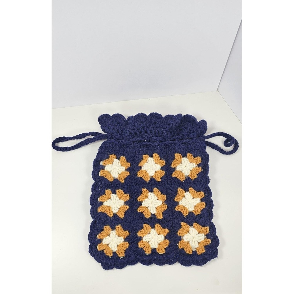 Hand Crocheted Drawstring Bag Granny Square Navy Blue Orange Lined Tote - Picture 2 of 5